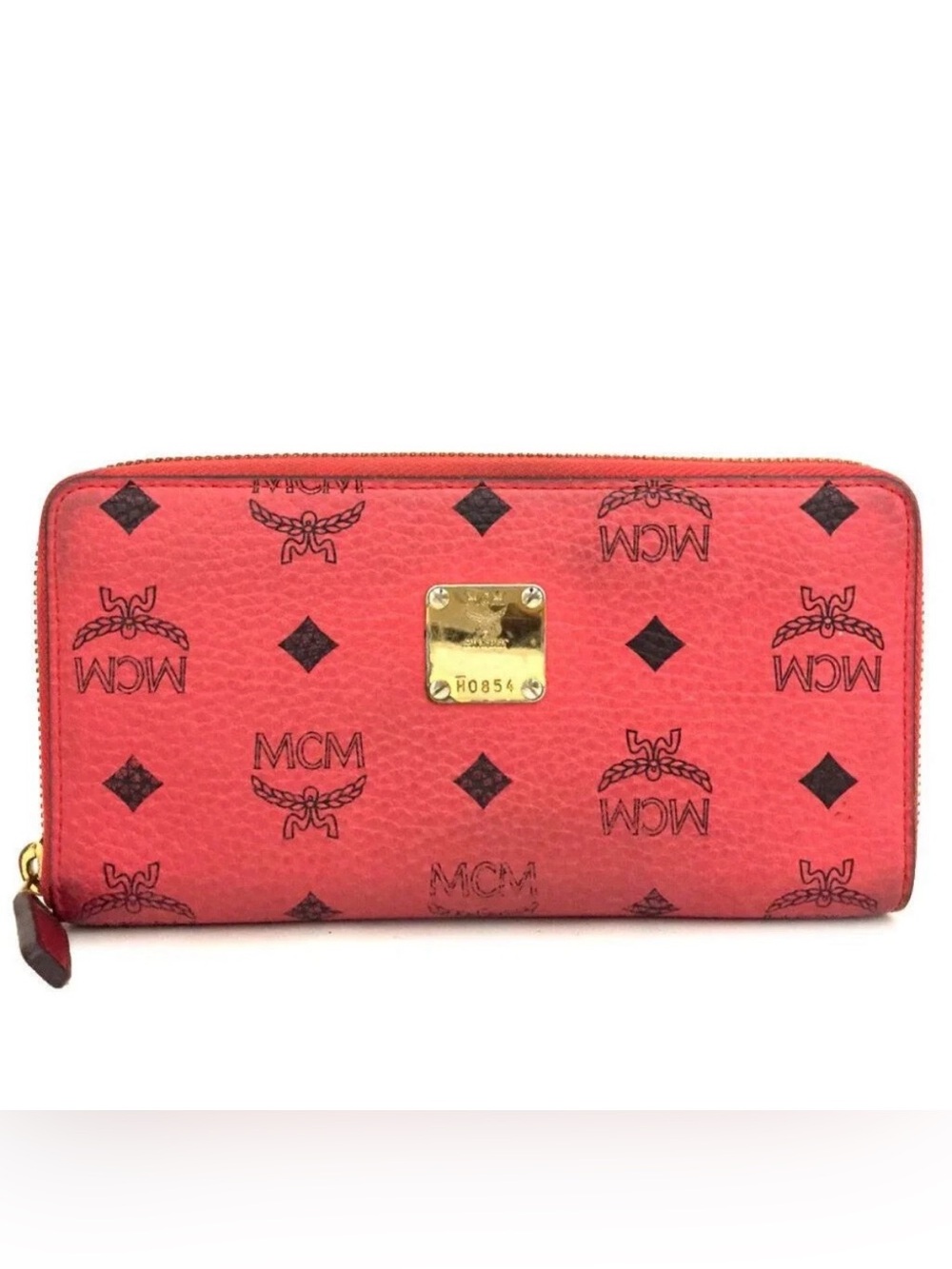 MCM Logo Pink Red Leather Zip Around Long Wallet
